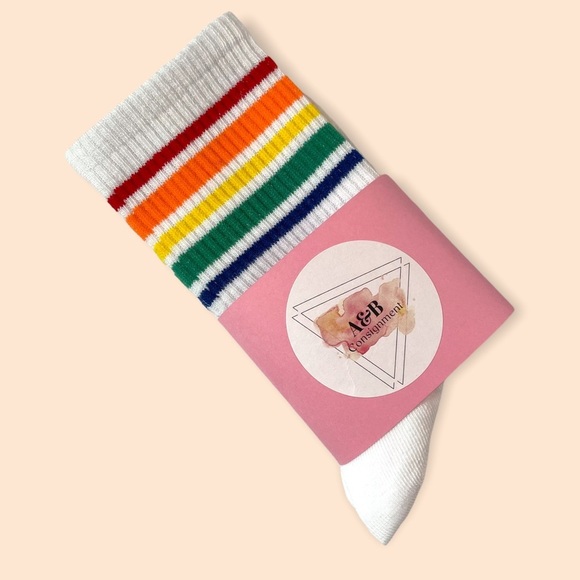 Novelty Crew Socks White Ribbed With Rainbow Athletic Stripes Woven Around Ankle - Picture 2 of 3